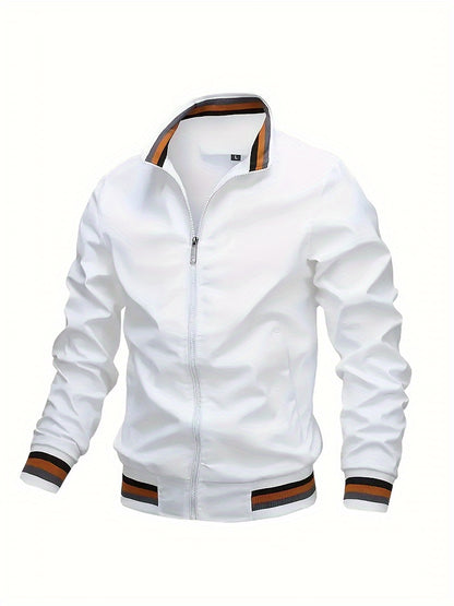 Lightweight And Trendy Men's Long Sleeve Zipper Jacket With Stand Collar, Pockets And Stripe Pattern Pieces, Suitable For Spring And Autumn Outdoors Activities