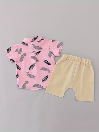 Toddler Summer Cotton Feather Print Shirt & Shorts Set