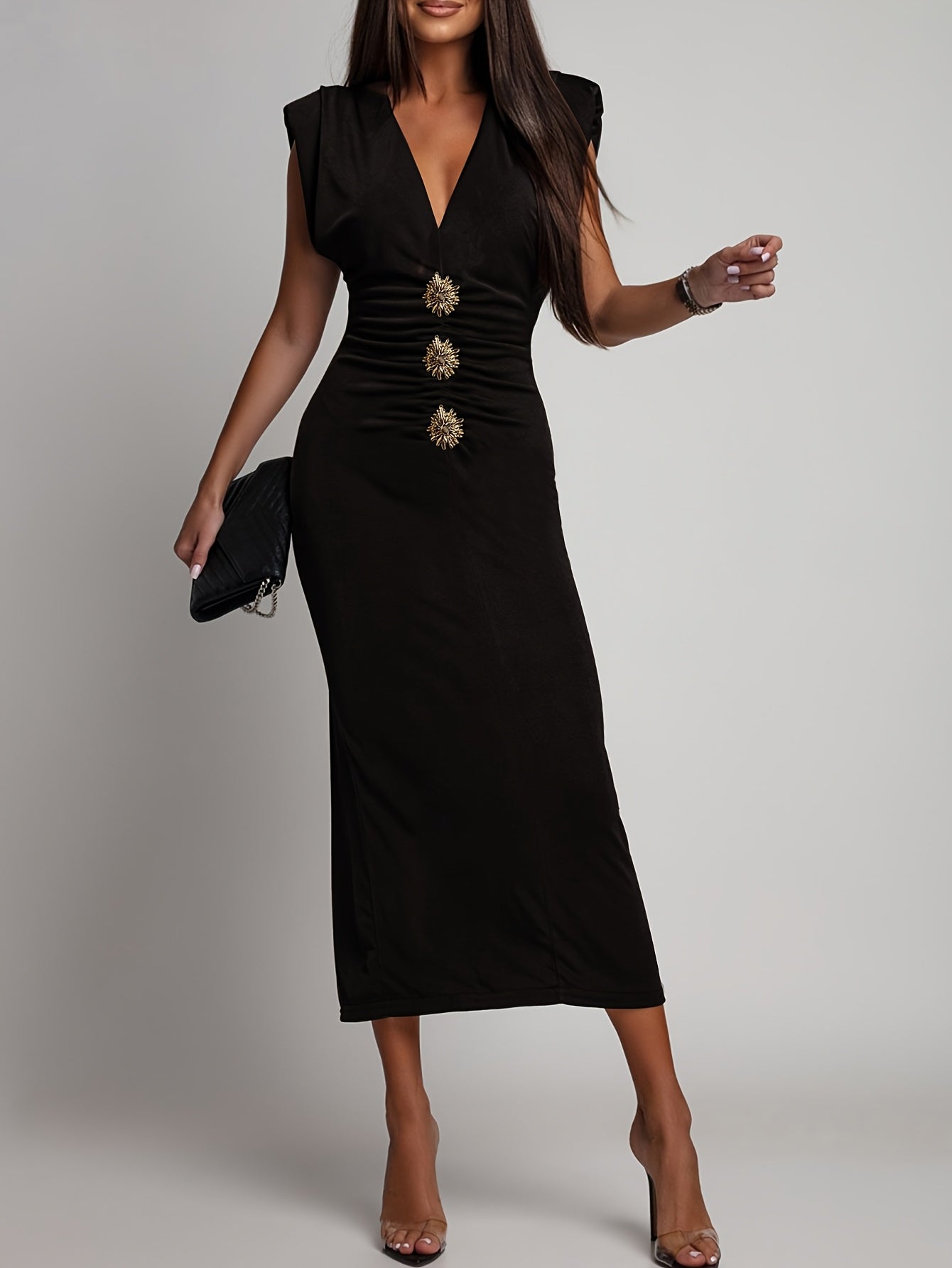 Sleeveless V-Neck Ruched Waist-Defining Metallic Midi Dress