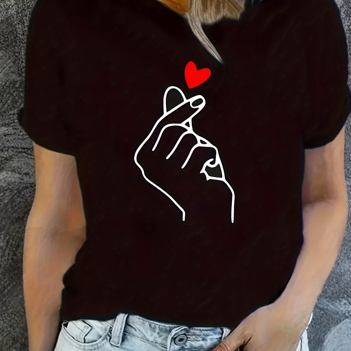 Heart Print Crew պարանոցի վերնաշապիկ, պատահական կարճաթև վերնաշապիկ գարնան և ամառի համար, կանացի հագուստ
