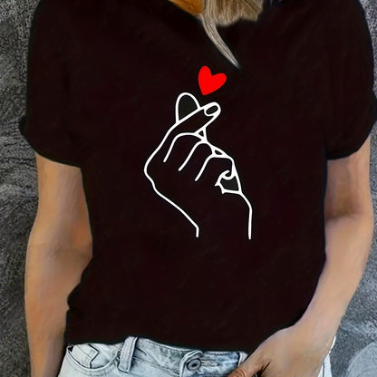 Heart Print Crew պարանոցի վերնաշապիկ, պատահական կարճաթև վերնաշապիկ գարնան և ամառի համար, կանացի հագուստ