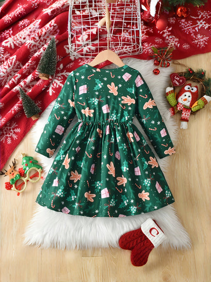 Girls' Christmas Party Dress - Elegant Green & Red Holiday Outfit with Gingerbread Children, Ruffled Hem & Waist - Long Sleeve Formal Party Dress for Christmas, New Year, Birthday - Machine Washable Girls' Clothing, Christmas