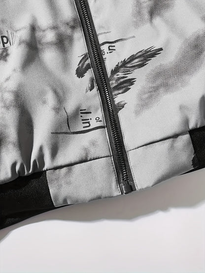 Men'S Lightweight Preppy Bomber Jacket with Feather & Star Print, Stand Collar, Zip-Up, Loose Fit, Polyester Lining, Casual Streetwear Style, Casual Outerwear | Star Pattern Jacket | Zippered Jacket