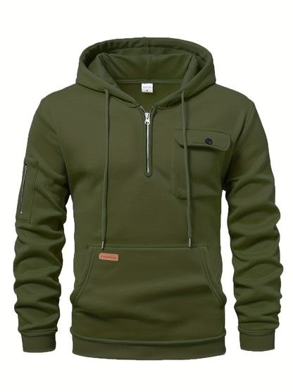 Men'S Minimalist Red & Christmas Tree Print Hooded Sweatshirt - Long Sleeve Casual Pullover with Piping, Regular Fit Winter Warmth for Holiday Parties, Outdoor Activities & Casual Attire, Christmas Sweatshirt, Seasonal Fashio