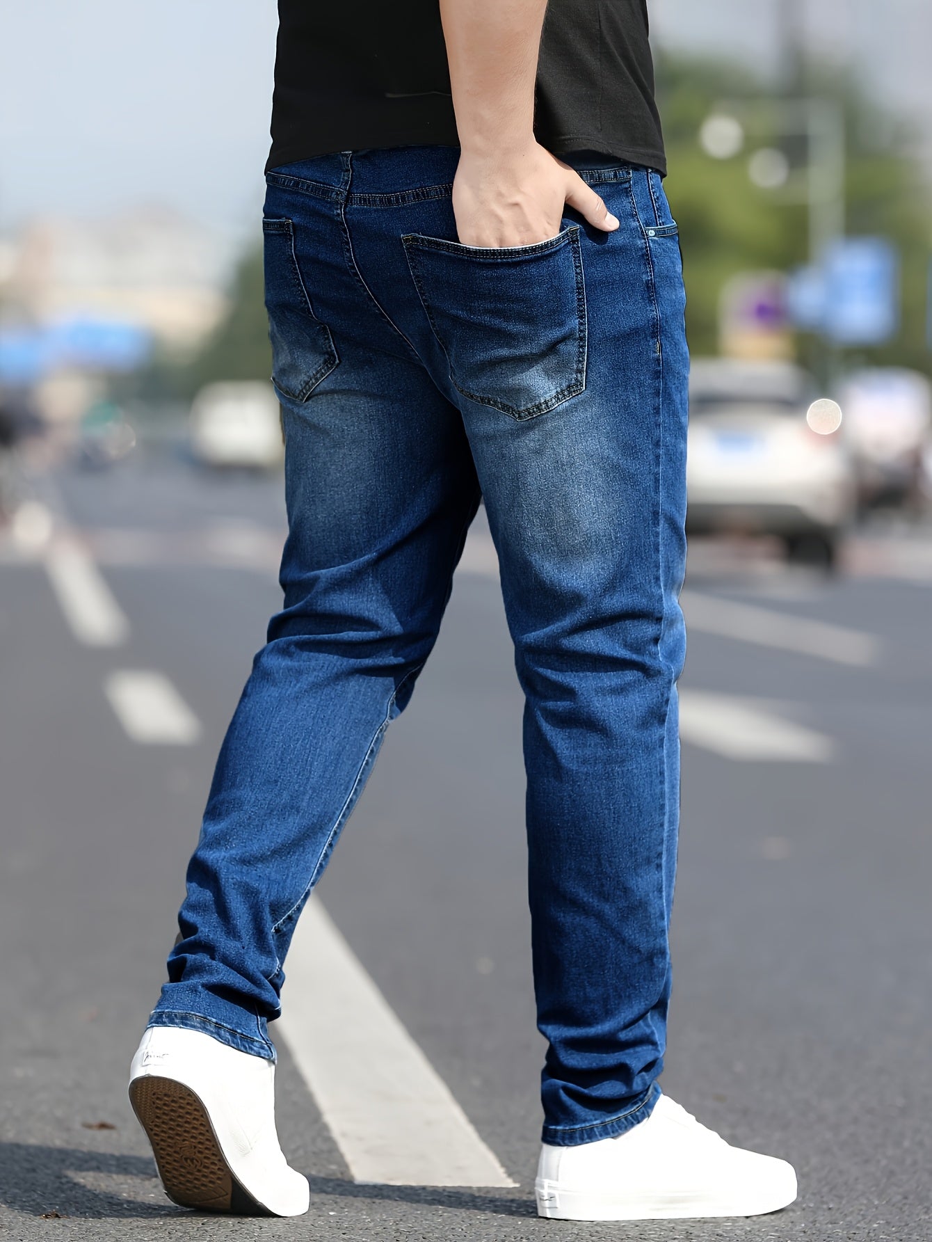 Men's Washed Jeans - Solid Color Casual Straight-Look Pants, Machine-Washable All-Season Fit for Casual Attire & Smart-Casual Outfits (Regular Length) - ayq