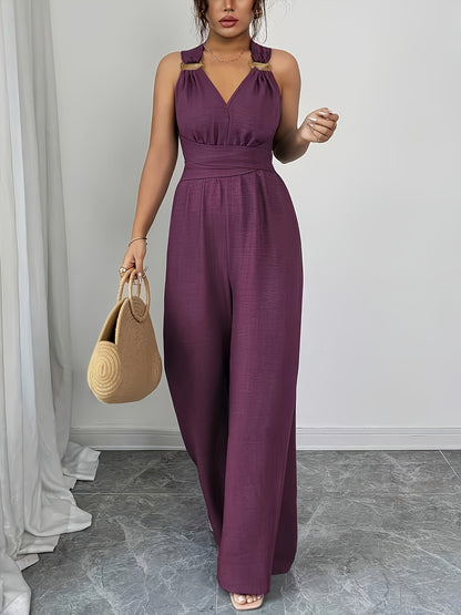 Elegant Women’s V-Neck Polyester Jumpsuit with Belt and Wide Legs