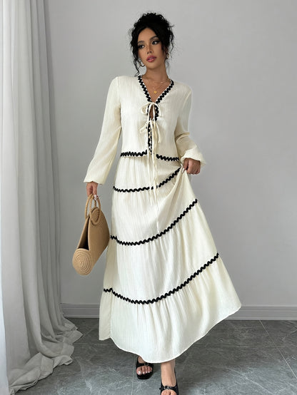 Women's Elegant French Style Lantern Sleeve Ruffle Hem Bow Dress and Skirt Set