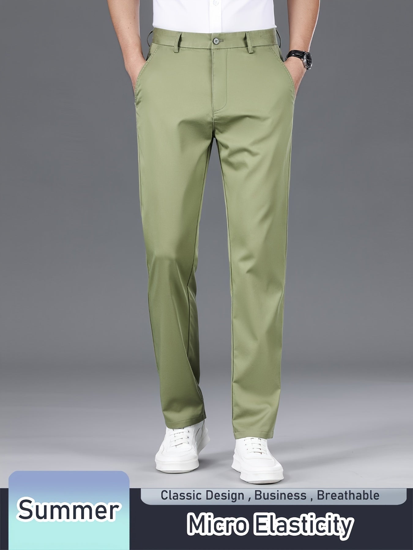 Men's Solid Pants With Pockets, Light Business Style Regular Fit Trousers For Outdoor Activities, Daily Wear For Spring And Autumn