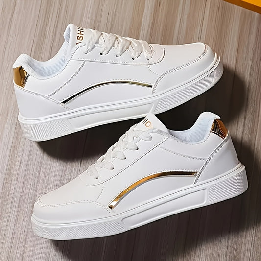 Women'S Chic White Sneakers - Stylish Low-Top Lace-Up Casual Shoes with Golden Accents, Lightweight All-Season Footwear, Waterproof, Non-Slip, Round Toe Design for Everyday, Sports, and Office Wear, Everyday Sneakers | Chic W