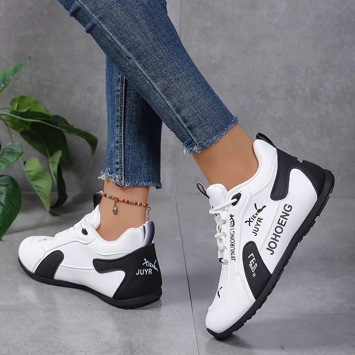 Women's Lightweight Breathable Low-Top Sneakers - White & Black Contrast Synthetic Cover & Fabric Upper, All-Season Casual Shoes with Cushioned Comfort & Durable Rubber Sole, Ladies Sneakers