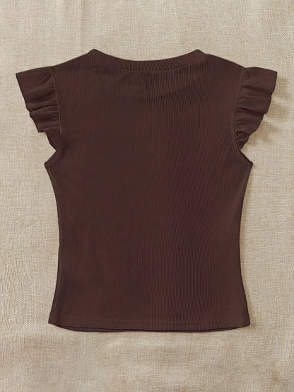 Slim Fit Ribbed Ruffle Sleeve T-Shirt for Women, Summer Chic - ayq