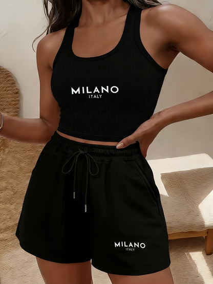 Women's Casual Sleeveless Crop Top & Drawstring Shorts Set