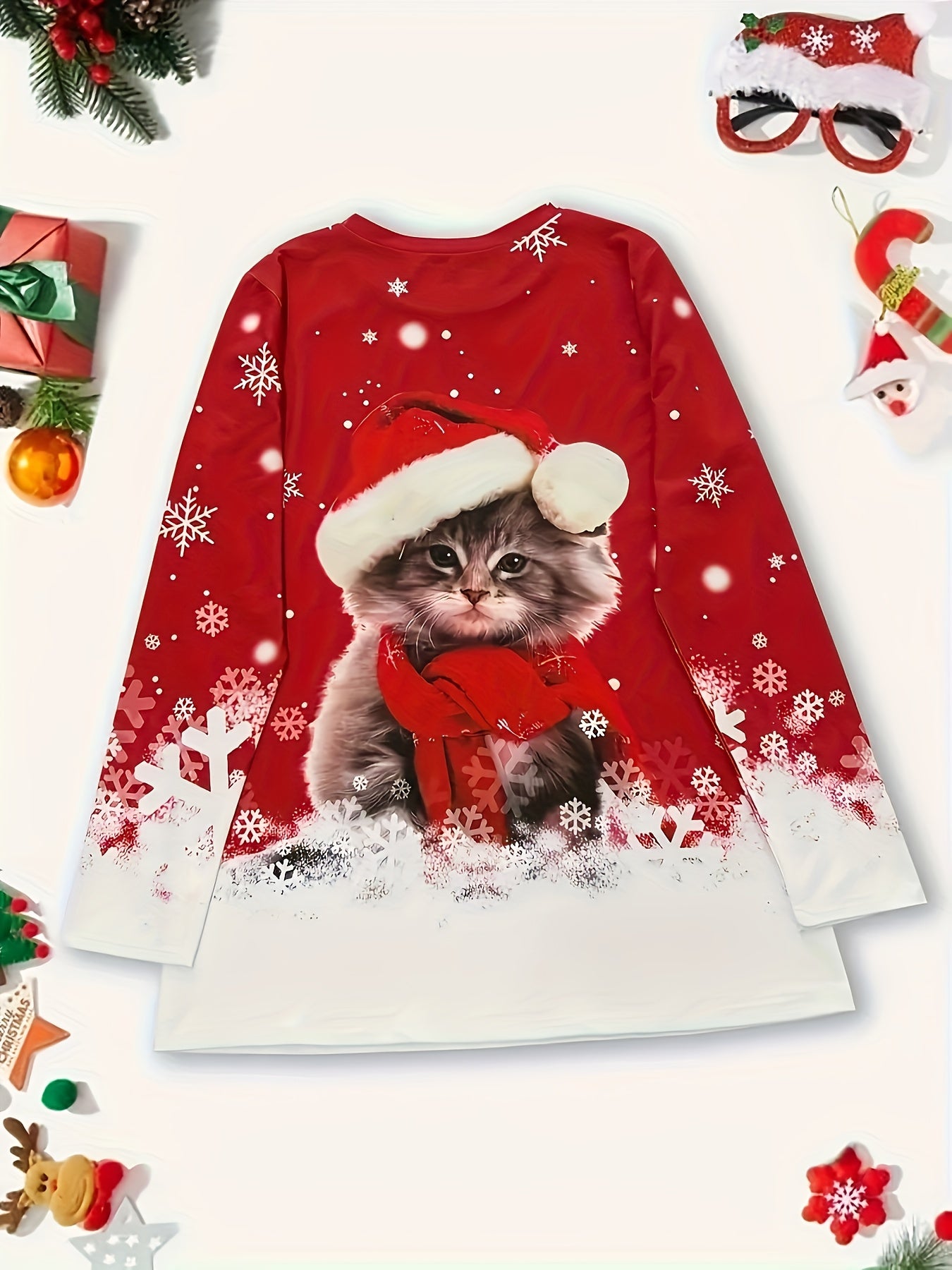 Women's Elegant Christmas Cat & Snowflake Print Long Sleeve T-Shirt Top - Red & White Cozy Sweater-like Design, Round Neck, Medium Stretch, Machine Washable Winter Holiday Party Outfit (No-Sleeve Style) - Autumn/Winter Fashio