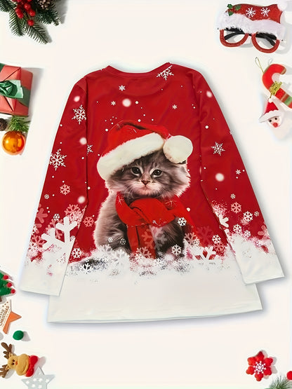 Women's Elegant Christmas Cat & Snowflake Print Long Sleeve T-Shirt Top - Red & White Cozy Sweater-like Design, Round Neck, Medium Stretch, Machine Washable Winter Holiday Party Outfit (No-Sleeve Style) - Autumn/Winter Fashio