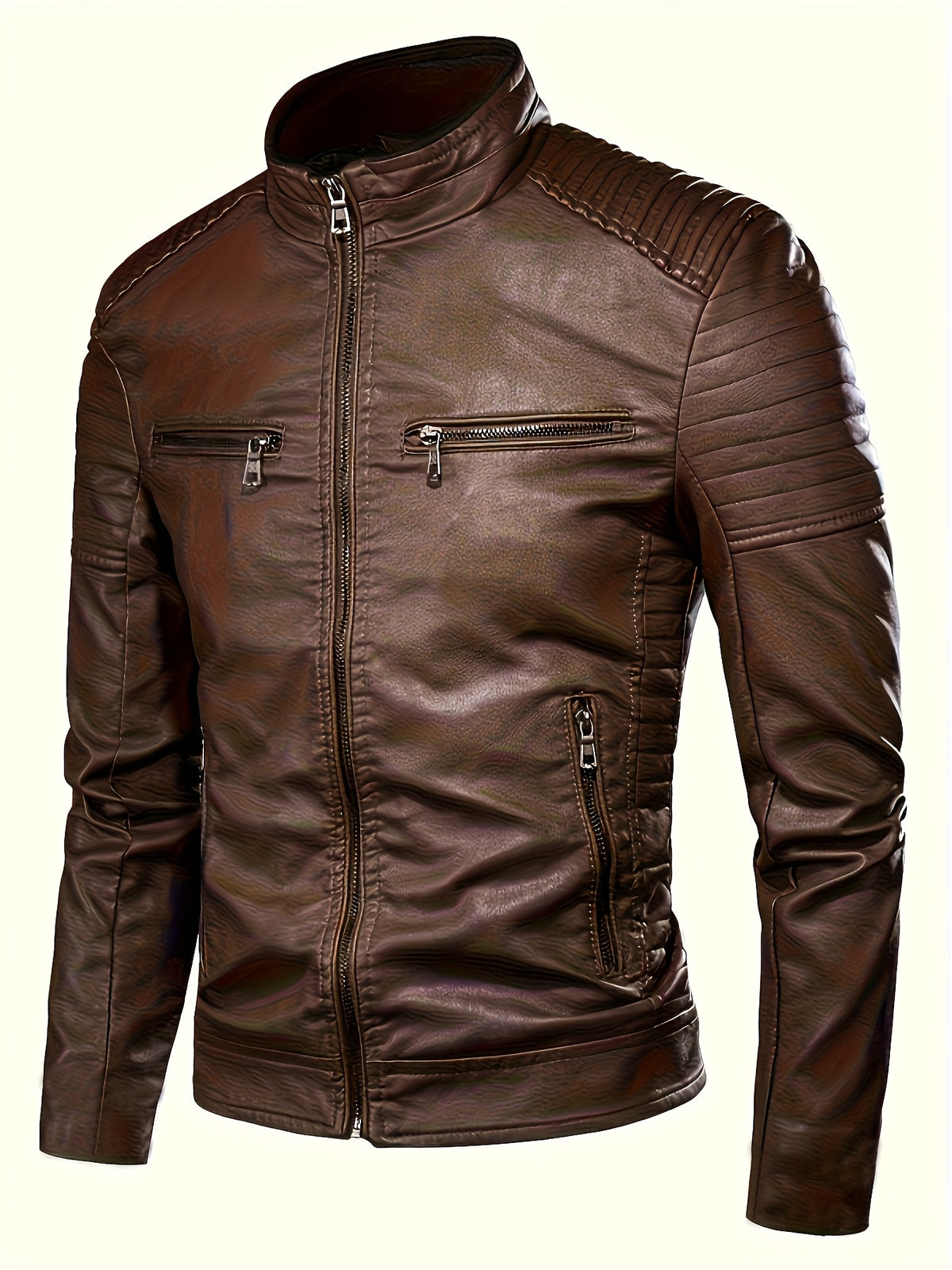 Men's Black Quilted Faux Leather Biker Jacket with Stand Collar