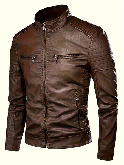 Men's Black Quilted Faux Leather Biker Jacket with Stand Collar