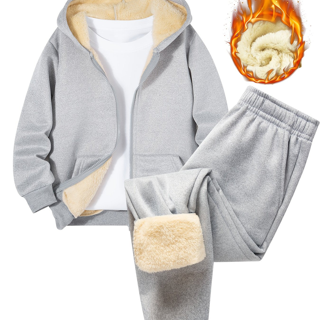 2 հատ տղաների համար նախատեսված բրդյա աստառով գլխարկով սվիտեր + առօրյա տաբատների հավաքածու, միագույն երկարաթև, կայծակաճարմանդով վերնաշապիկ՝ միջին ձգվողության տաք գործվածքից, աշուն/ձմեռ սեզոնի համար, իդեալական է