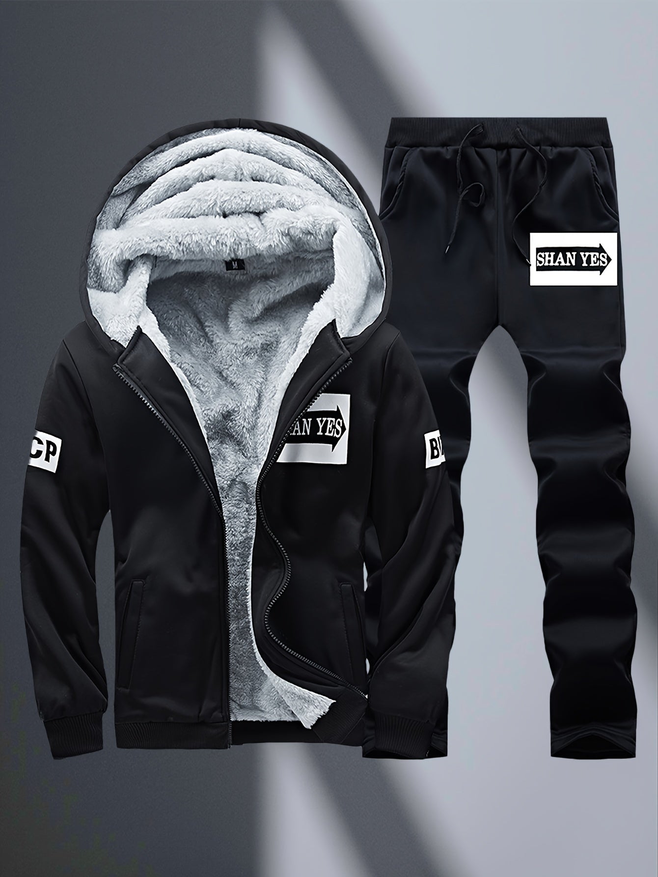 2pcs Men's -Lined Sportswear Set, Thickened Men's Casual Sportswear Set, Men's Sportswear Top and Bottom Set, Hooded Sweatshirt and Casual Sport Pants, -Lined and Thickened, Warm and Cold-Resistant, Suitable for Autumn and Wi - ayq