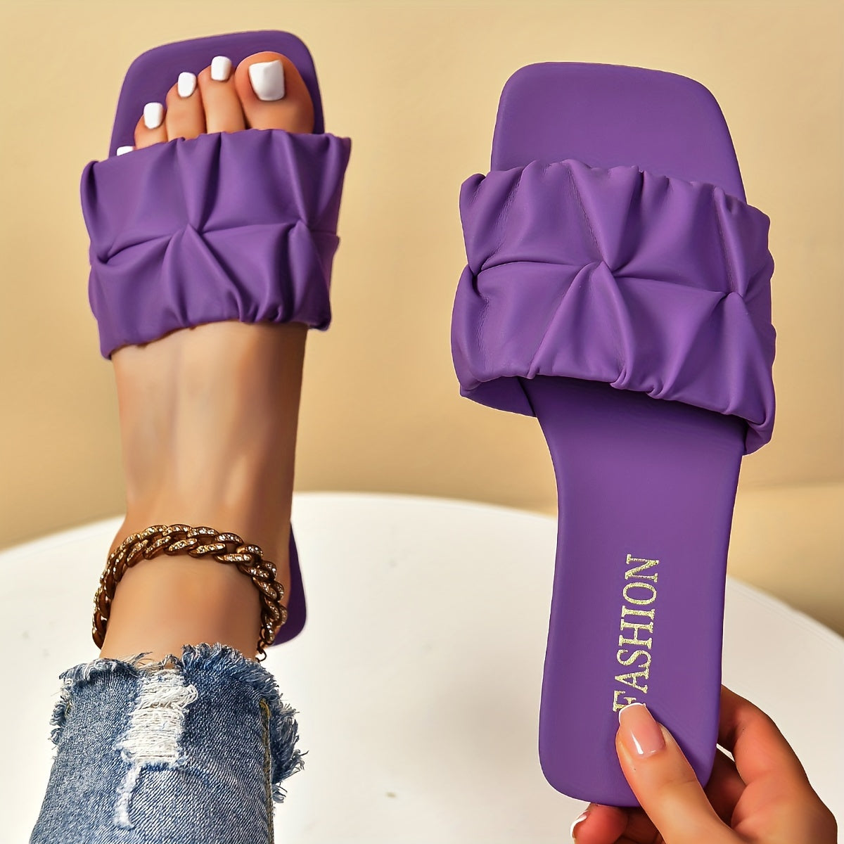 Women's Pleated Design Slide Sandals, Casual Square Open Toe Flat Summer Shoes, Lightweight Slide Sandals
