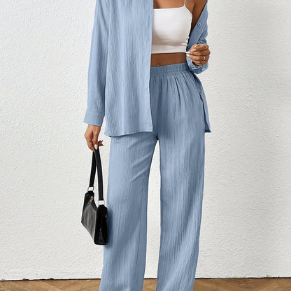 2pcs Women Spring & Autumn Casual Solid Color Long Sleeve Shirt And Pants Set