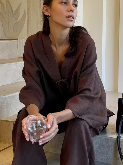 Women's Casual Spring/Summer V-Neck Top & Wide-Leg Pants Set