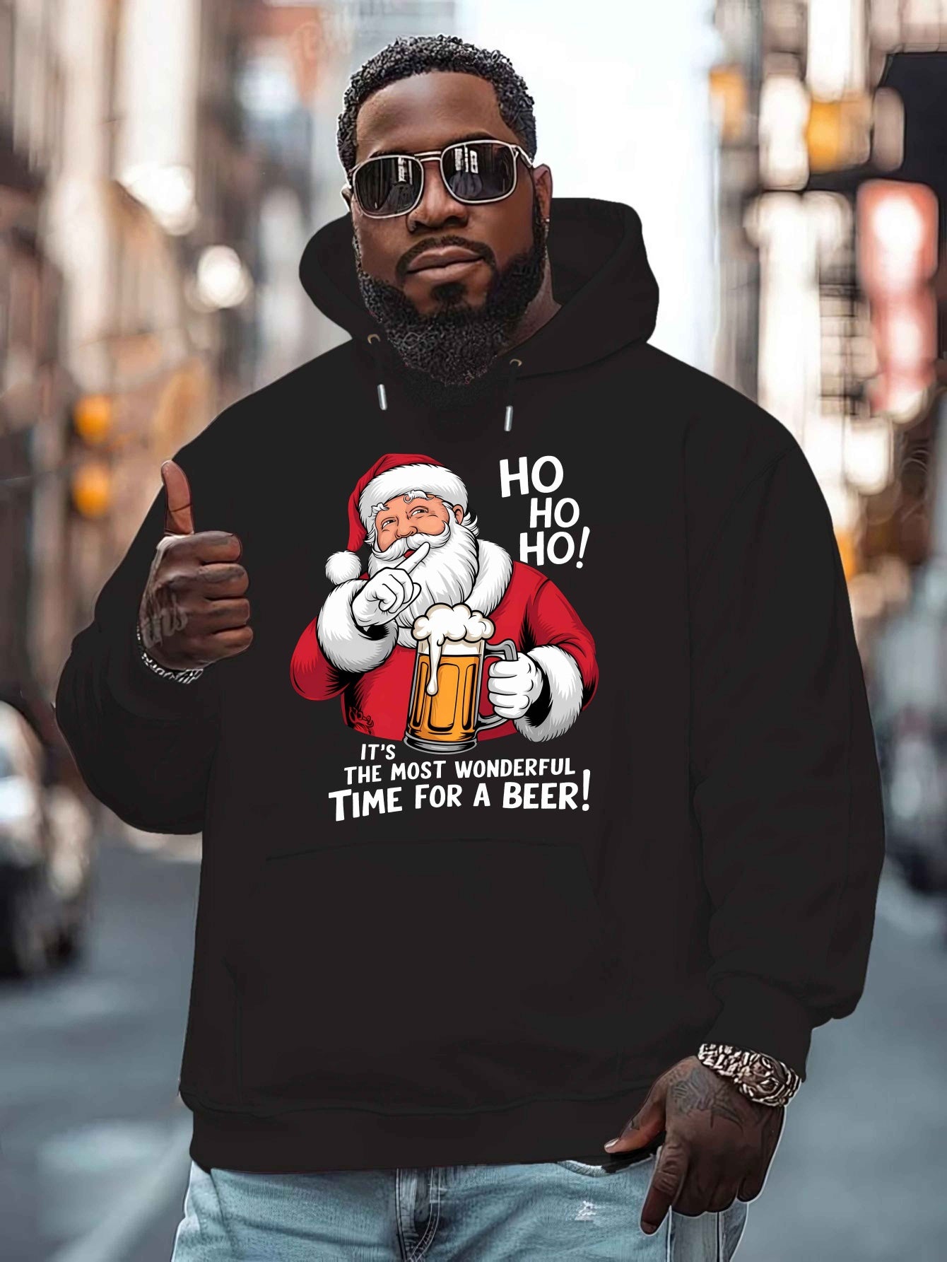 Men'S Red Hoodie with Santa Claus & Beer Mug Graphic - "Ho Ho Ho! It'S the Most Wonderful Time for a Beer!" - Cozy Plush Pullover for Fall & Winter, Casual Holiday Wear, Christmas Clothes, Plus Size