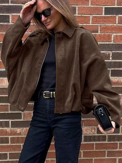 Կանացի վինտաժային բոմբեր բաճկոն - ազատ չափի երկար թևքով, կայծակաճարմանդով և իջեցված ուսերով, շագանակագույն առօրյա վերնազգեստ աշուն/ձմեռ համար, չձգվող գործվածք, իդեալական է առօրյա հագուստի համար, աշուն-ձմեռ բաճկոն | Վինտաժային բոմբեր ոճ | Zipp