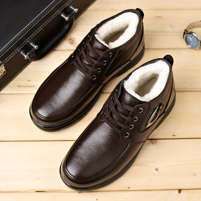 Տղամարդկանց իսկական կաշվե ձմեռային ձնագնացքներ - Կարճ կոճակոշիկներ ռետինե ներբանով, ցրտի դիմացկուն կոշիկներ սառույցի և ձյան համար, ամուր ճկունություն (հասանելի է լայն չափս) - Իդեալական է դահուկի համար և բացօթյա գործունեության համար (ոչ)