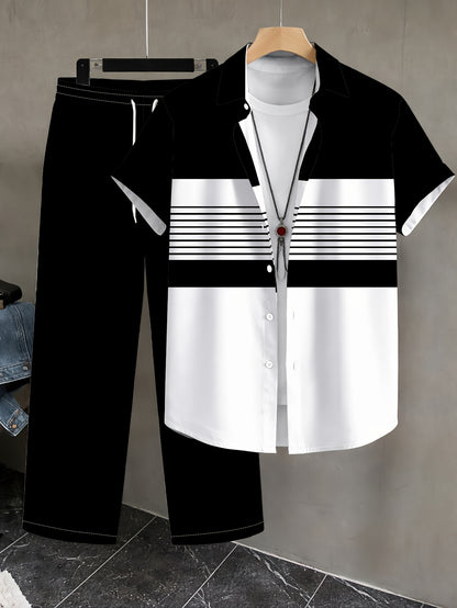 Men's Casual Color-Block Shirt and Pants Set for Summer