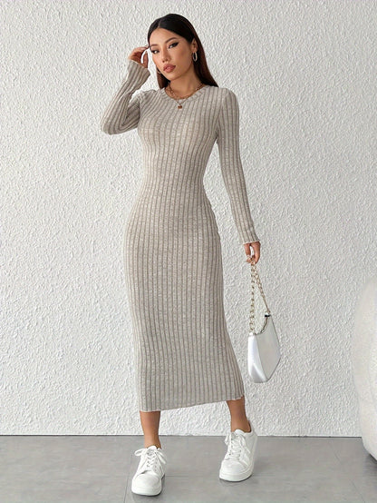 Women's Ribbed Crew Neck Long Sleeve Fitted Dress, Polyester 95% Spandex 5%, Solid Color Knit Fabric, Winter Season Adult Apparel, Ribbed Knit Dress