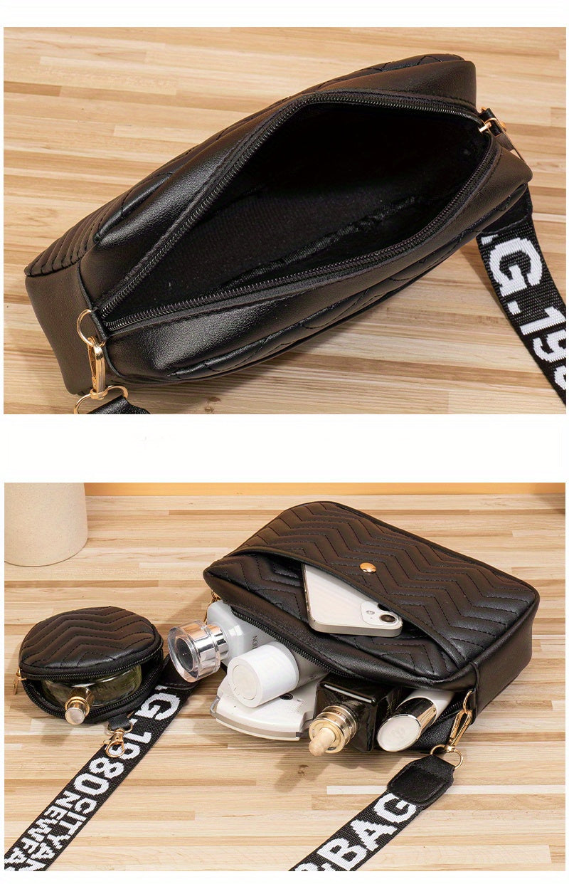 New Quilted Shoulder Bag, Casual Zipper Crossbody Bag, V-Pattern Two Piece Small Square Bag, Shoulder Bag with Zero Wallet, Letter Shoulder Strap, Coin Wallet, Card Bag, Phone Bag, Camera Bag, Lipstick Bag, Key Bag(8.66*5.12*