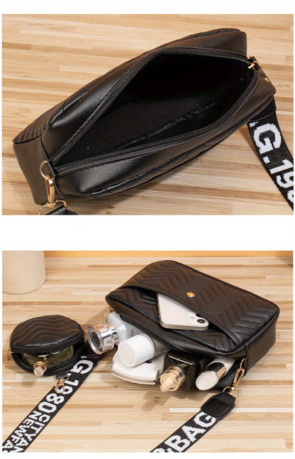 New Quilted Shoulder Bag, Casual Zipper Crossbody Bag, V-Pattern Two Piece Small Square Bag, Shoulder Bag with Zero Wallet, Letter Shoulder Strap, Coin Wallet, Card Bag, Phone Bag, Camera Bag, Lipstick Bag, Key Bag(8.66*5.12*