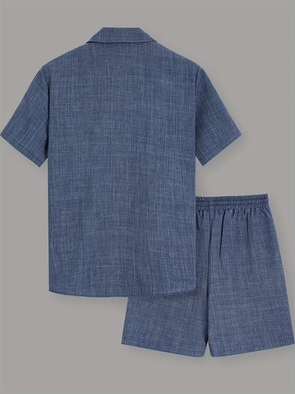 Men'S Summer Casual Short Sleeve Shirt and Drawstring Shorts Set, Solid Color, Lapel Collar, Button Detail, Regular Fit, 100% Polyester, Woven Fabric, Medium Stretch