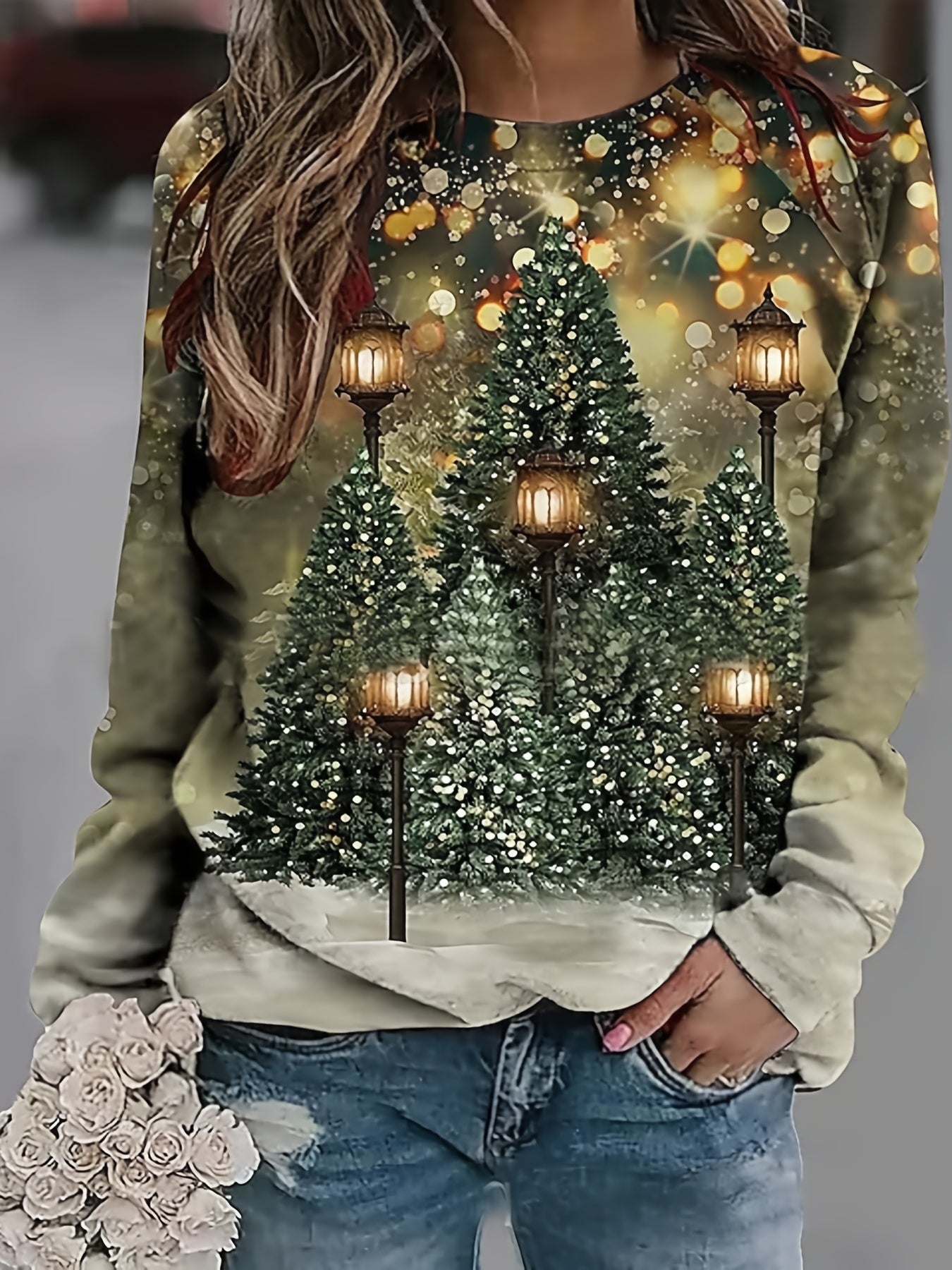 Christmas Tree Print Sweatshirt, Casual Long Sleeve Crew Neck Sweatshirt, Women's Clothing