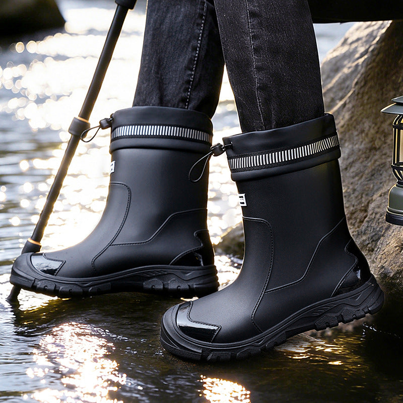 Unisex Mid-Calf Rubber Rain Boots with Drawstring Closure
