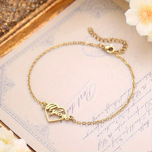 Personalized Stainless Steel Heart-Shaped Name Bracelet | Custom Engraved Charm | Elegant Bohemian Style | Ideal for Daily Wear & Gifts | Suitable for Teacher's Day, Back to School & Graduation, Heart Charms for Bracelets