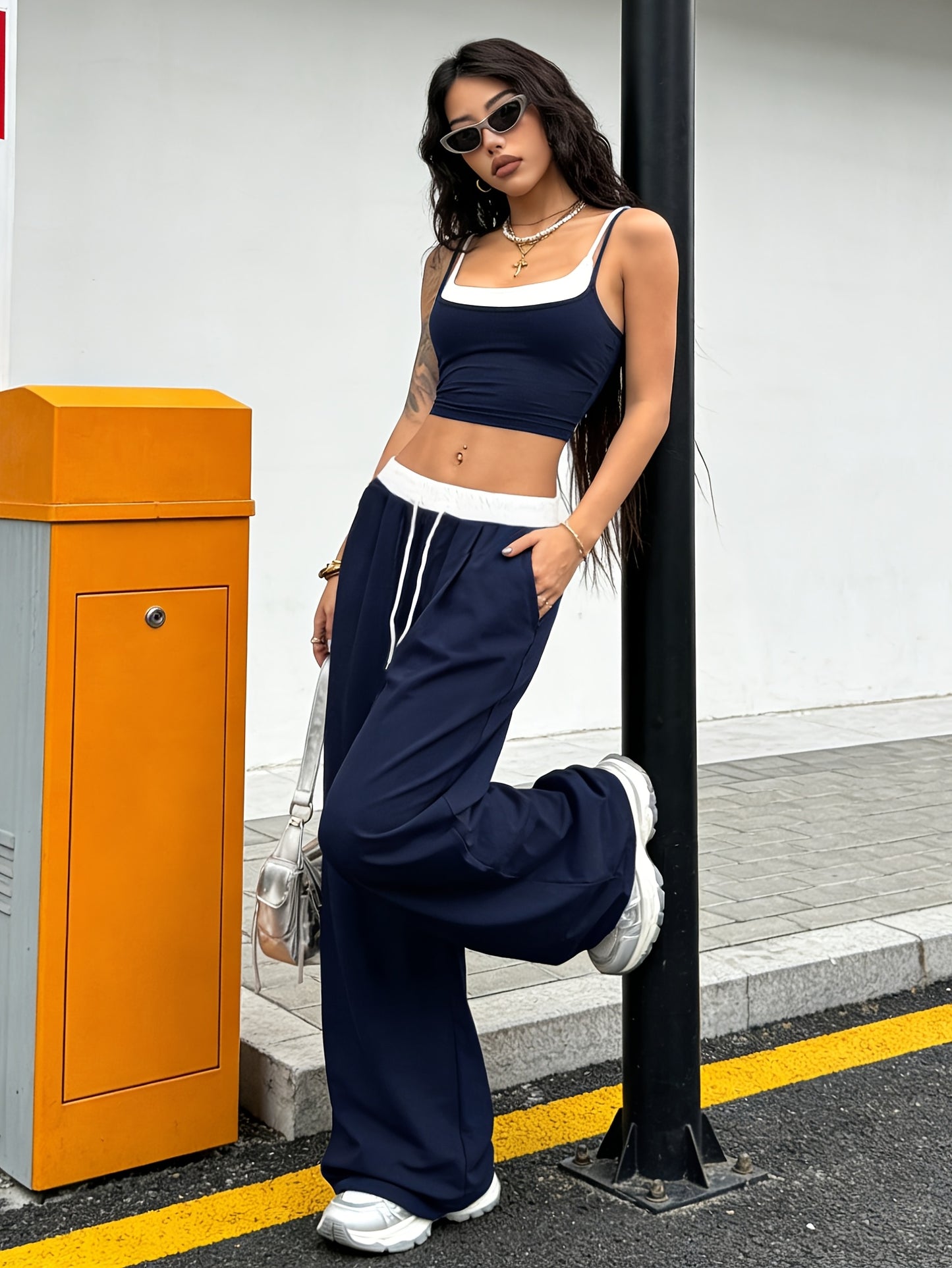 Women's Color Block Casual Tank Top & Wide-Leg Pants Set