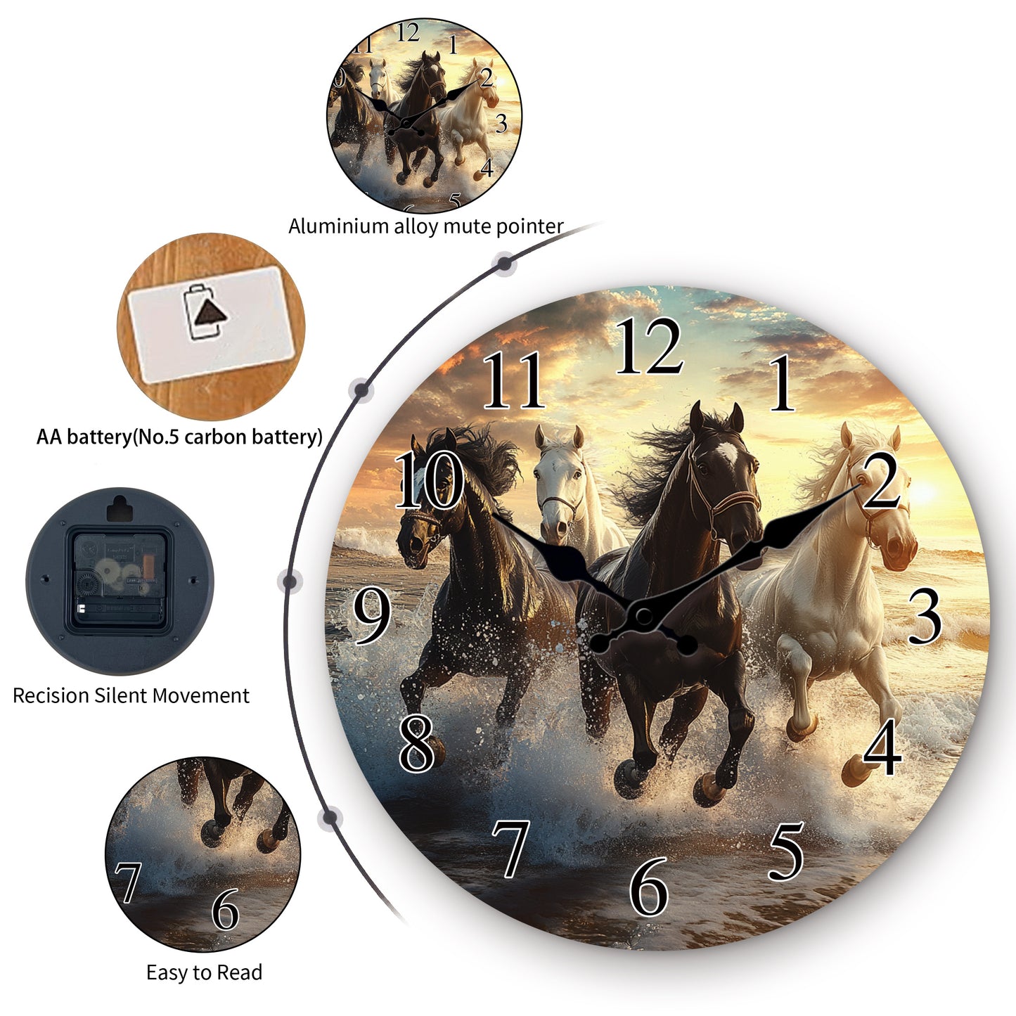 One piece, wooden wall clock with running horses pattern design, modern wall aesthetic decorative art wall clock, silent, suitable for living room, bedroom, kitchen, office decoration, home decoration, ideal Christmas, New Ye