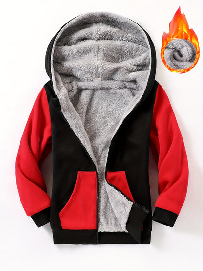 1pc Boys Stylish Color Block Fleece Lining Hooded Jacket, Long Sleeve Zip Up Jacket, Kids Clothes Outdoor