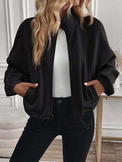 Women's Elegant Black Stand Collar Jacket with Full-Zip Closure - All-Season Casual to Semi-Formal Outerwear, Machine Washable Zippered Coat for Fall Winter Layering, Versatile Work to Semi-Formal Outfits