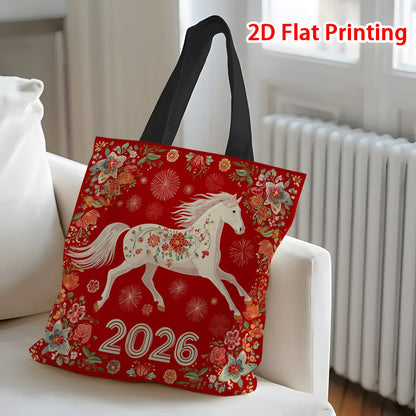 1pc Women's Year of the Horse 2026 Lunar New Year Tote Bag - Large Capacity Foldable Red & Golden Chinese Zodiac Horse Print, Durable Handbag for Shopping, Travel, Daily Use, Gift for 2026 Birth Year Celebration, 2D Flat