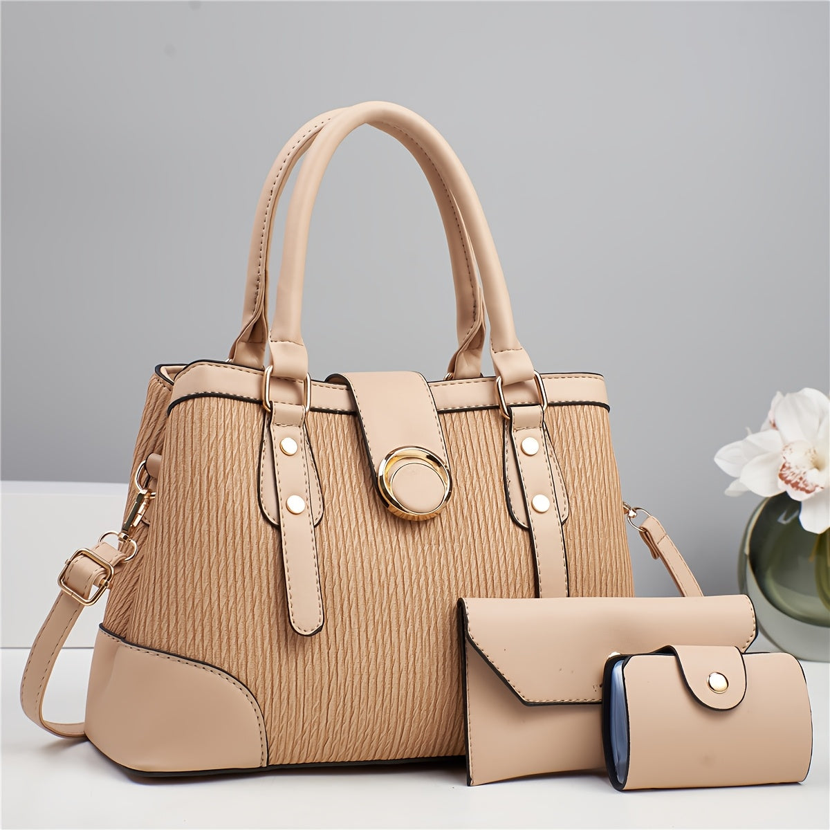 Women's 3-Piece Striped PU Handbag Set with Detachable Strap