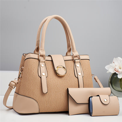 Women's 3-Piece Striped PU Handbag Set with Detachable Strap
