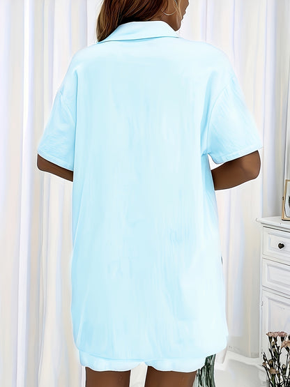Women's Casual Two-Piece Set: Button-Up Shirt & Drawstring Shorts