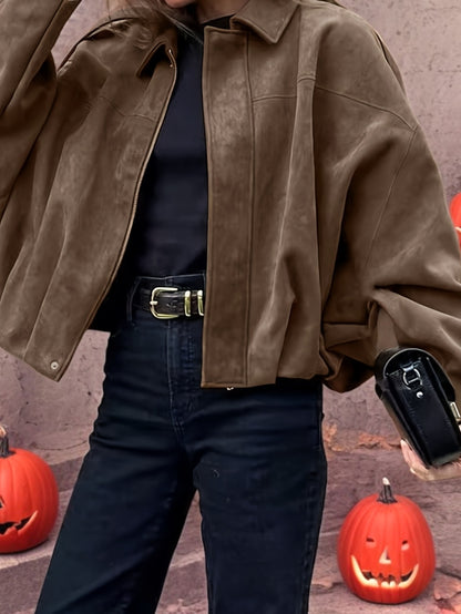 Կանացի վինտաժային բոմբեր բաճկոն - ազատ չափի երկար թևքով, կայծակաճարմանդով և իջեցված ուսերով, շագանակագույն առօրյա վերնազգեստ աշուն/ձմեռ համար, չձգվող գործվածք, իդեալական է առօրյա հագուստի համար, աշուն-ձմեռ բաճկոն | Վինտաժային բոմբեր ոճ | Zipp