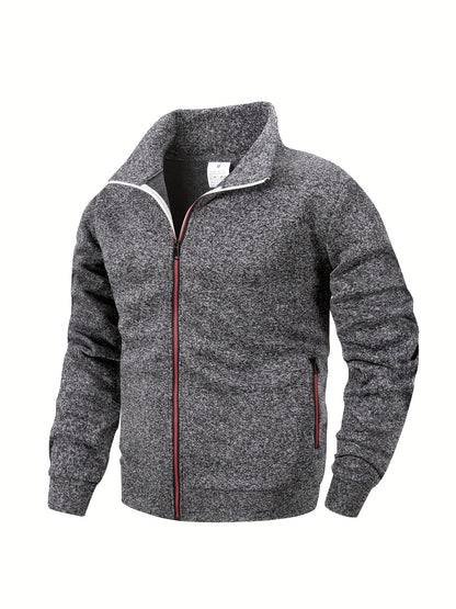 Men'S Stand Collar Zipper Jacket, Fashion Solid Color, Long Sleeve, Fleece, Soft, Casual, Polyester, with Zipper Pocket, for Daily, Sports, Fitness