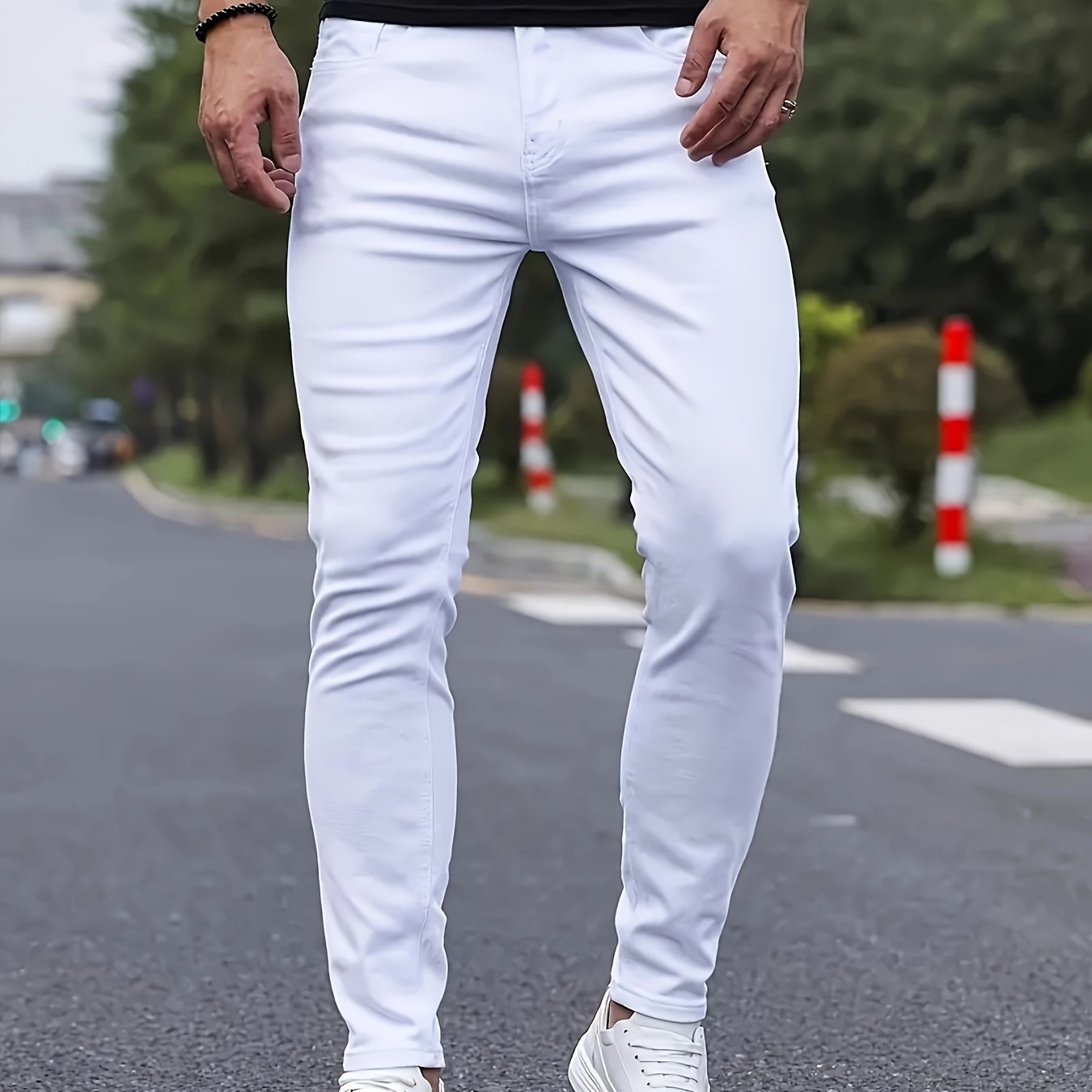 Men'S Skinny Fit Denim Jeans, Casual Mid Waist White Pants, Solid Color Stretch Cotton Blend, with Belt Detail, for All-Season Zipper Fly Trousers