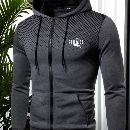 Men's Red Hooded Zip-Up Jacket with Logo Patch Pocket - Logo Personalization, Full-Zip Front Closure, Hooded Collar & Black Zipper - Casual Sportswear Winter Coat for Gym,, Streetwear () - Logo Printing Service, Mens Clothes,