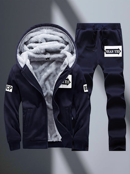 2pcs Men's -Lined Sportswear Set, Thickened Men's Casual Sportswear Set, Men's Sportswear Top and Bottom Set, Hooded Sweatshirt and Casual Sport Pants, -Lined and Thickened, Warm and Cold-Resistant, Suitable for Autumn and Wi - ayq