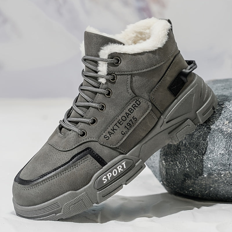 Mid-Top Fleece-Lined Comfortable Warm Gripper Sole Casual Winter Boots for Men and Women, Striped Design. Suitable for Extreme Cold Weather Snowy Conditions with Thick Insulation Lace Closure Anti Slip Durable PVC Outsole Hun